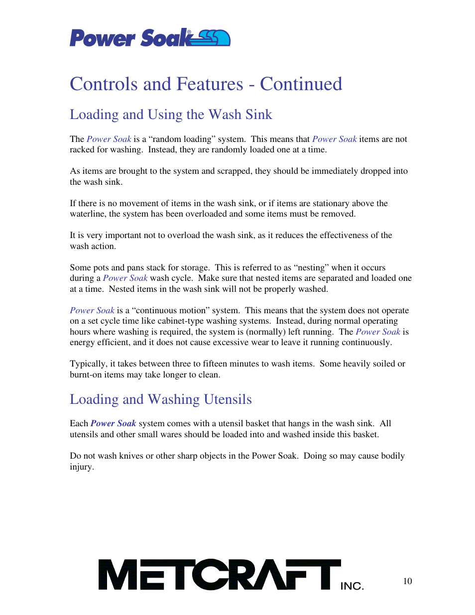 Controls and features - continued, Loading and using the wash sink, Loading and washing utensils | Power Soak MX-220-T Owner's Manual User Manual | Page 11 / 34
