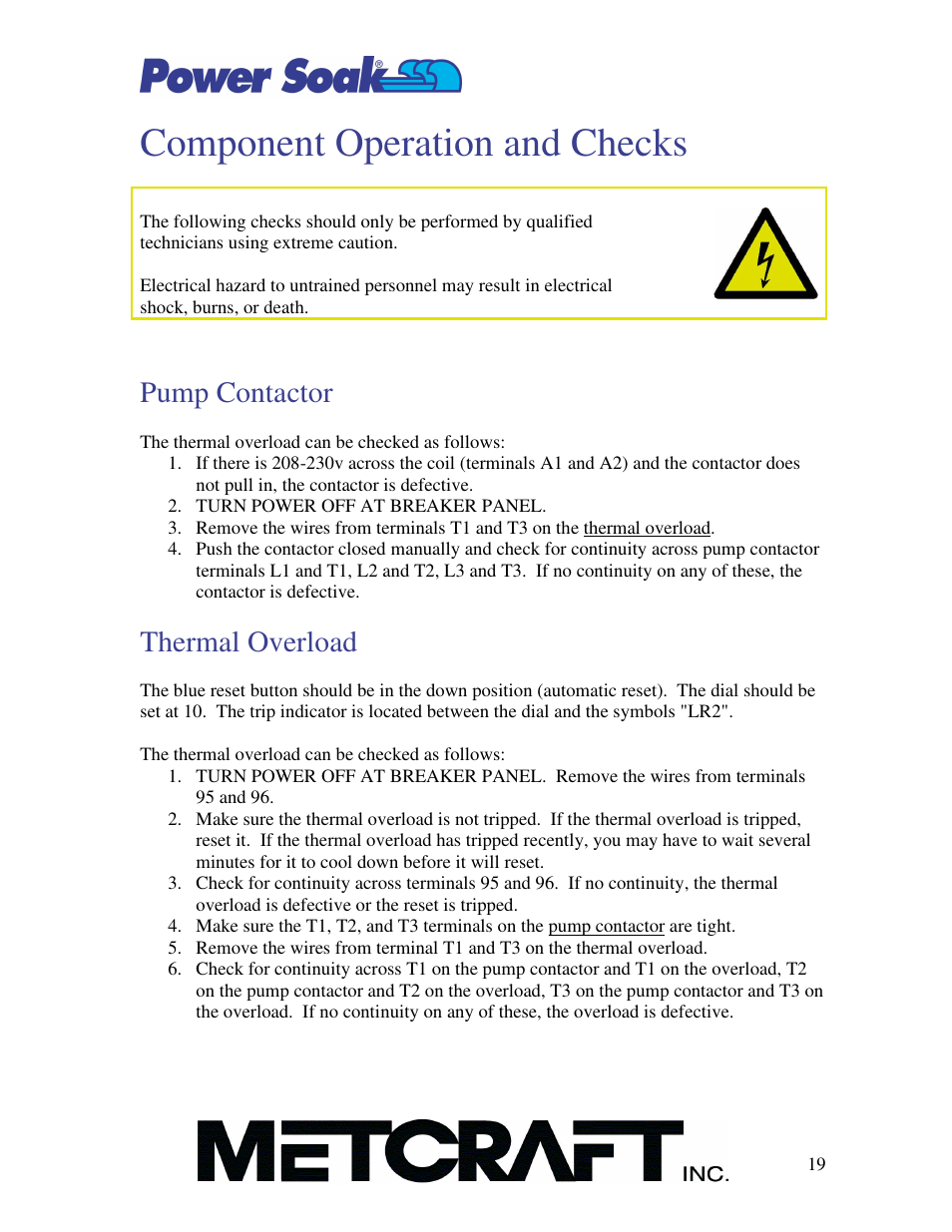 Component operation and checks, Pump contactor, Thermal overload | Power Soak MX-220-T Owner's Manual User Manual | Page 20 / 34