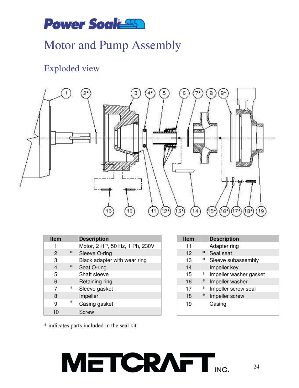 Motor and pump assembly, Exploded view | Power Soak MX-220-T Owner's Manual User Manual | Page 25 / 34