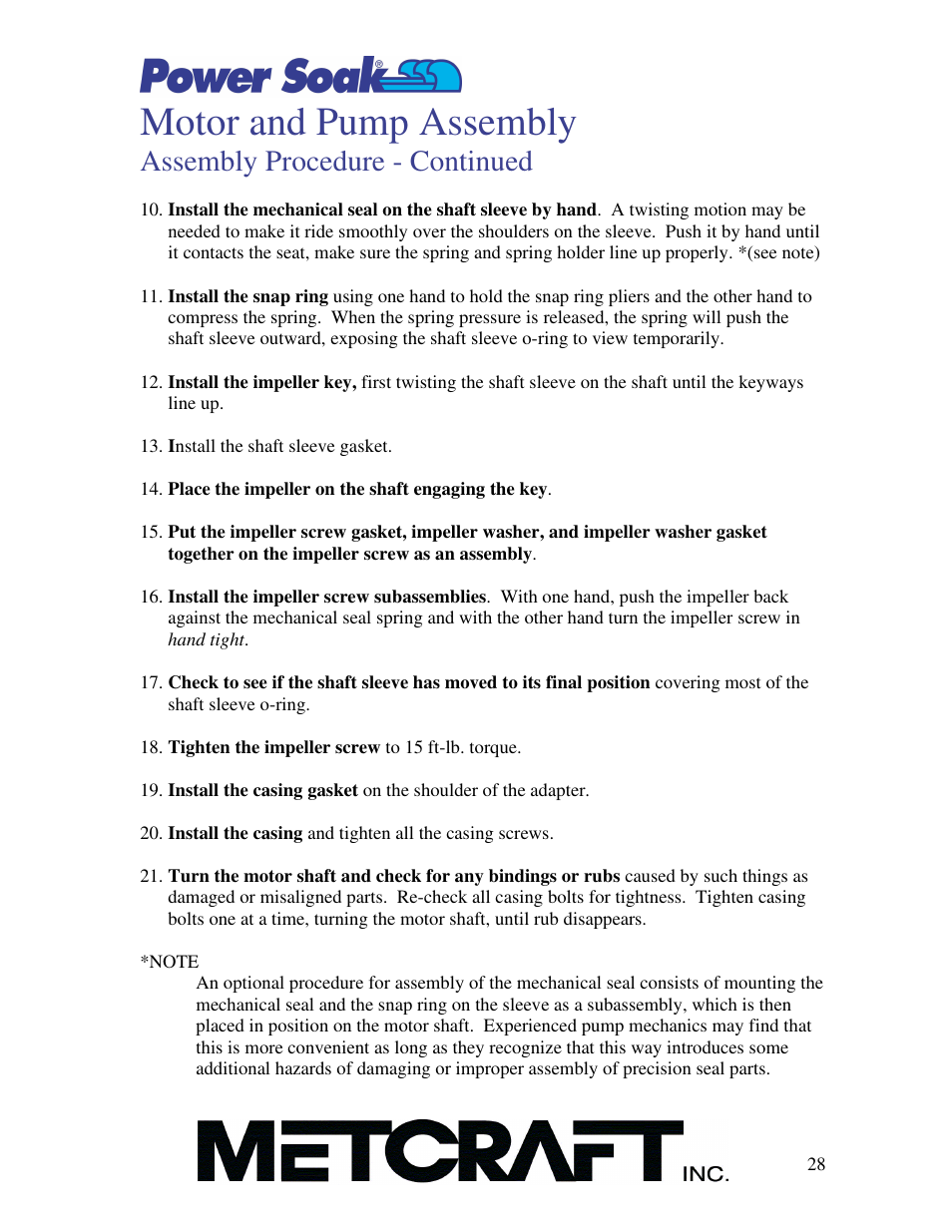 Motor and pump assembly, Assembly procedure - continued | Power Soak MX-220-T Owner's Manual User Manual | Page 29 / 34