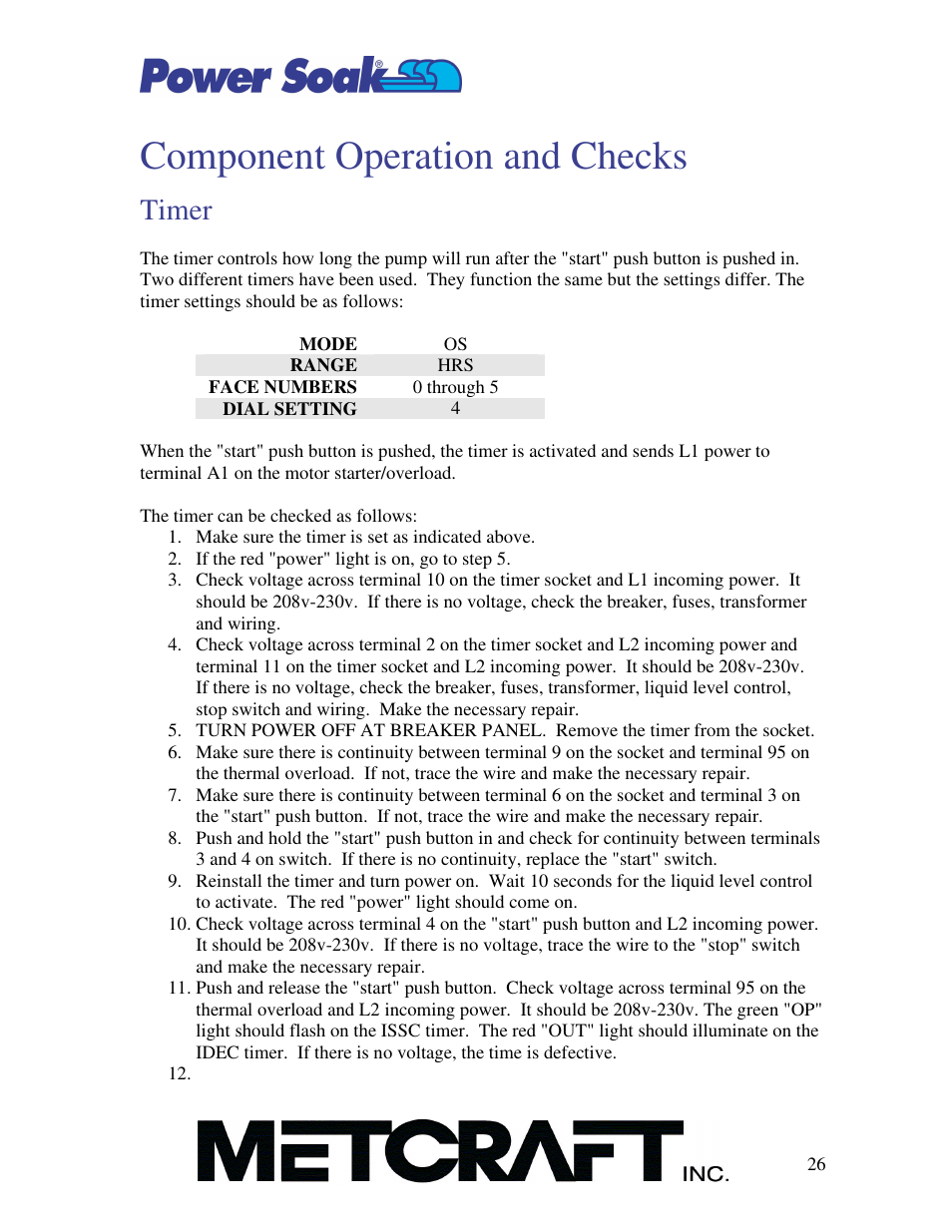 Component operation and checks, Timer | Power Soak MX-220-HTS Owner's/Service Manual User Manual | Page 27 / 57