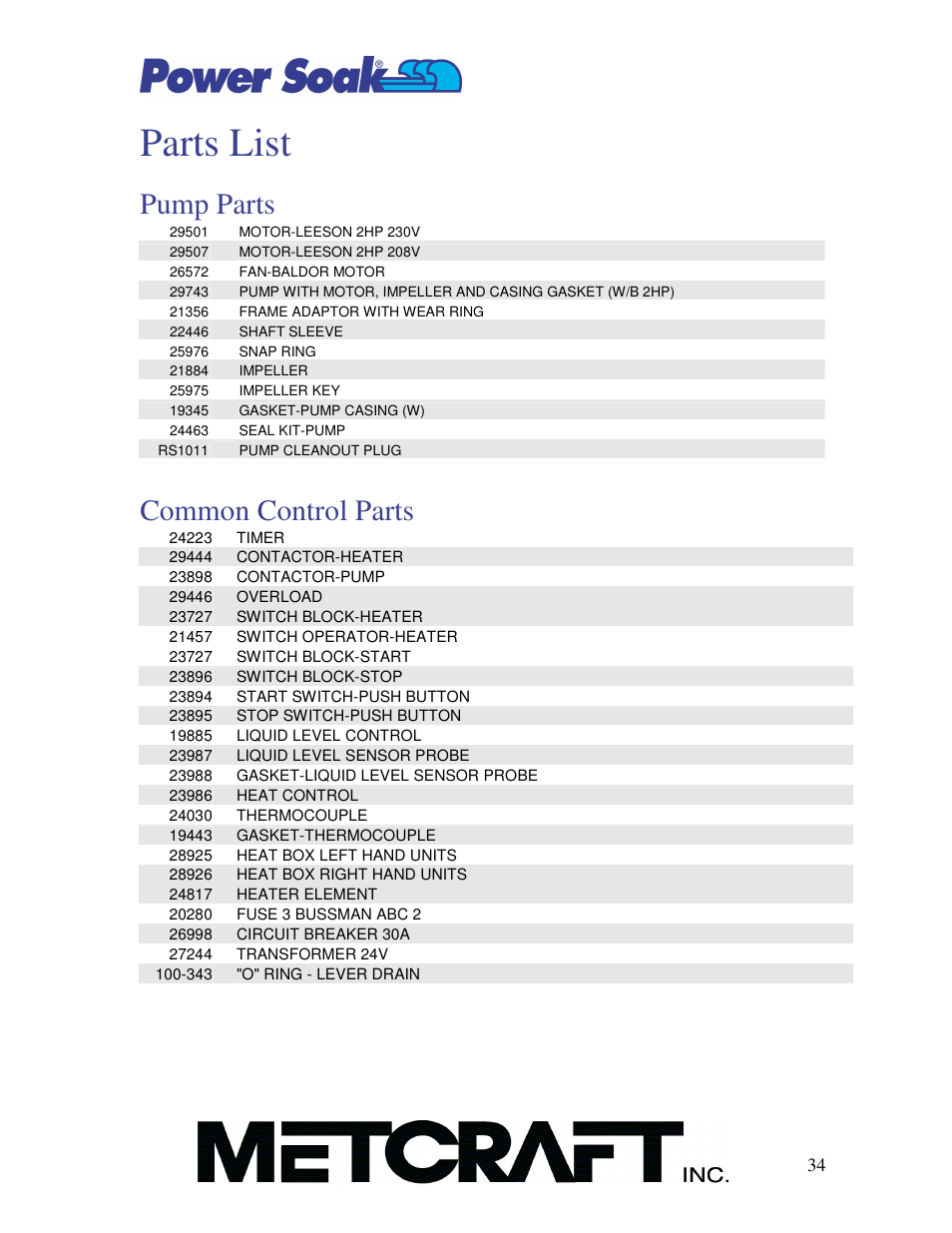 Parts list, Pump parts, Common control parts | Power Soak MX-220-HTS Owner's/Service Manual User Manual | Page 35 / 57
