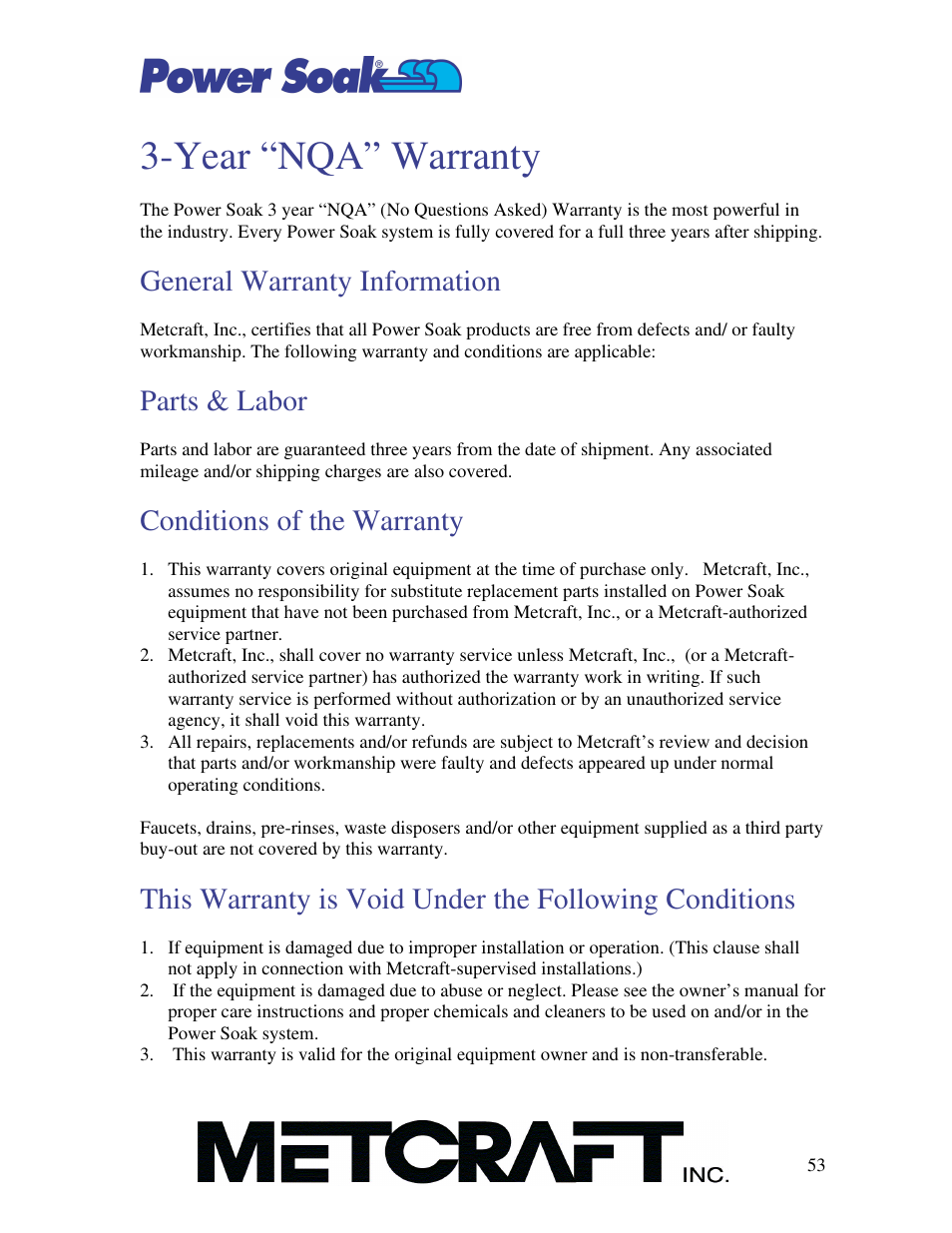 Year “nqa” warranty, General warranty information, Parts & labor | Conditions of the warranty | Power Soak MX-220-HTS Owner's/Service Manual User Manual | Page 54 / 57