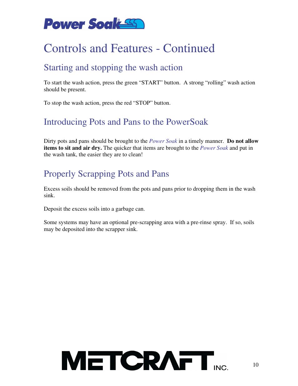 Controls and features - continued, Starting and stopping the wash action, Introducing pots and pans to the powersoak | Properly scrapping pots and pans | Power Soak SI-100 Owner's Manual User Manual | Page 11 / 44