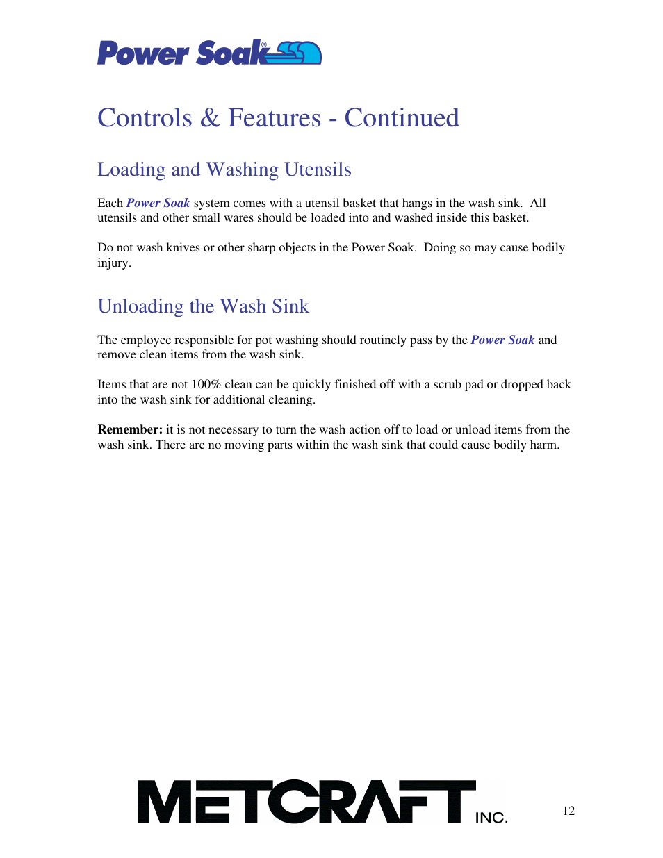 Controls & features - continued, Loading and washing utensils, Unloading the wash sink | Power Soak SI-100 Owner's Manual User Manual | Page 13 / 44
