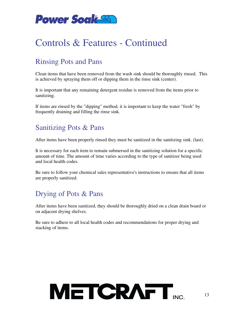 Controls & features - continued, Rinsing pots and pans, Sanitizing pots & pans | Drying of pots & pans | Power Soak SI-100 Owner's Manual User Manual | Page 14 / 44