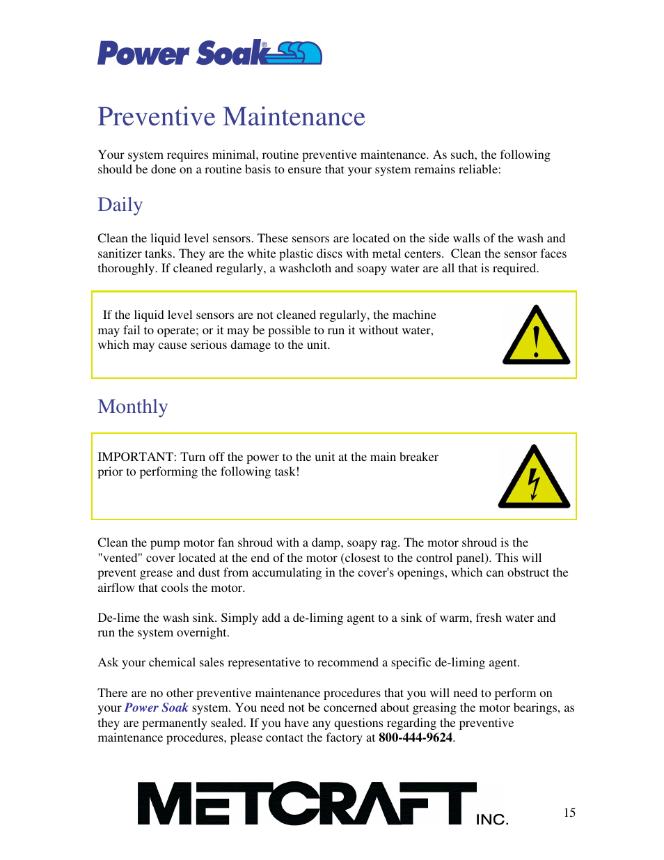 Preventive maintenance, Daily, Monthly | Power Soak SI-100 Owner's Manual User Manual | Page 16 / 44