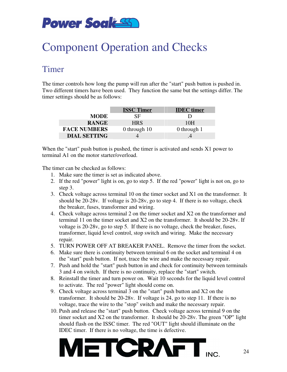 Component operation and checks, Timer | Power Soak SI-100 Owner's Manual User Manual | Page 25 / 44