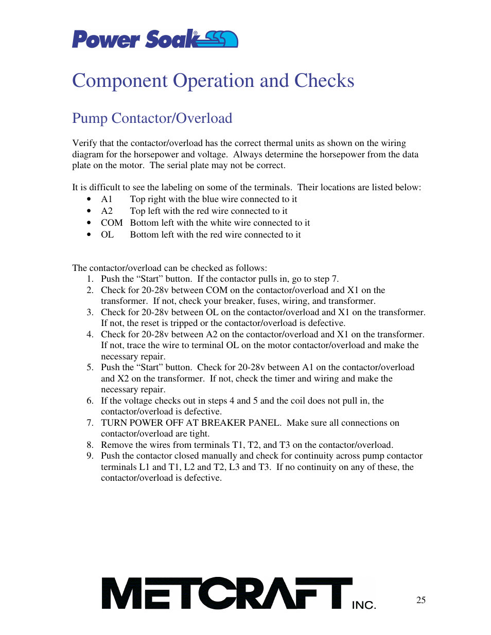 Component operation and checks, Pump contactor/overload | Power Soak SI-100 Owner's Manual User Manual | Page 26 / 44