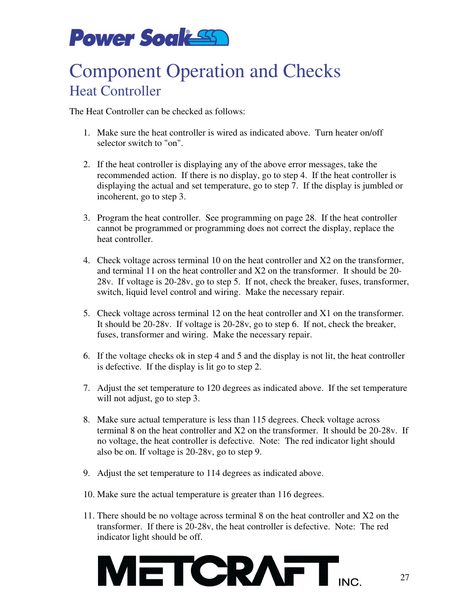 Component operation and checks, Heat controller | Power Soak SI-100 Owner's Manual User Manual | Page 28 / 44