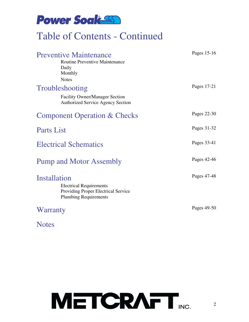 Table of contents - continued, Preventive maintenance, Troubleshooting | Component operation & checks, Parts list, Electrical schematics, Pump and motor assembly, Installation, Warranty | Power Soak SI-100 Owner's Manual User Manual | Page 3 / 44