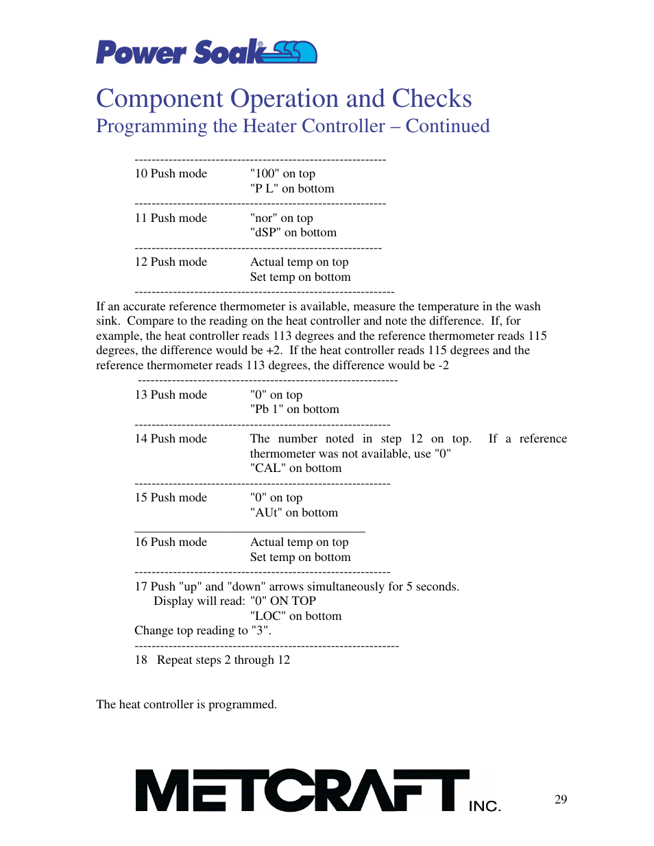 Component operation and checks, Programming the heater controller – continued | Power Soak SI-100 Owner's Manual User Manual | Page 30 / 44