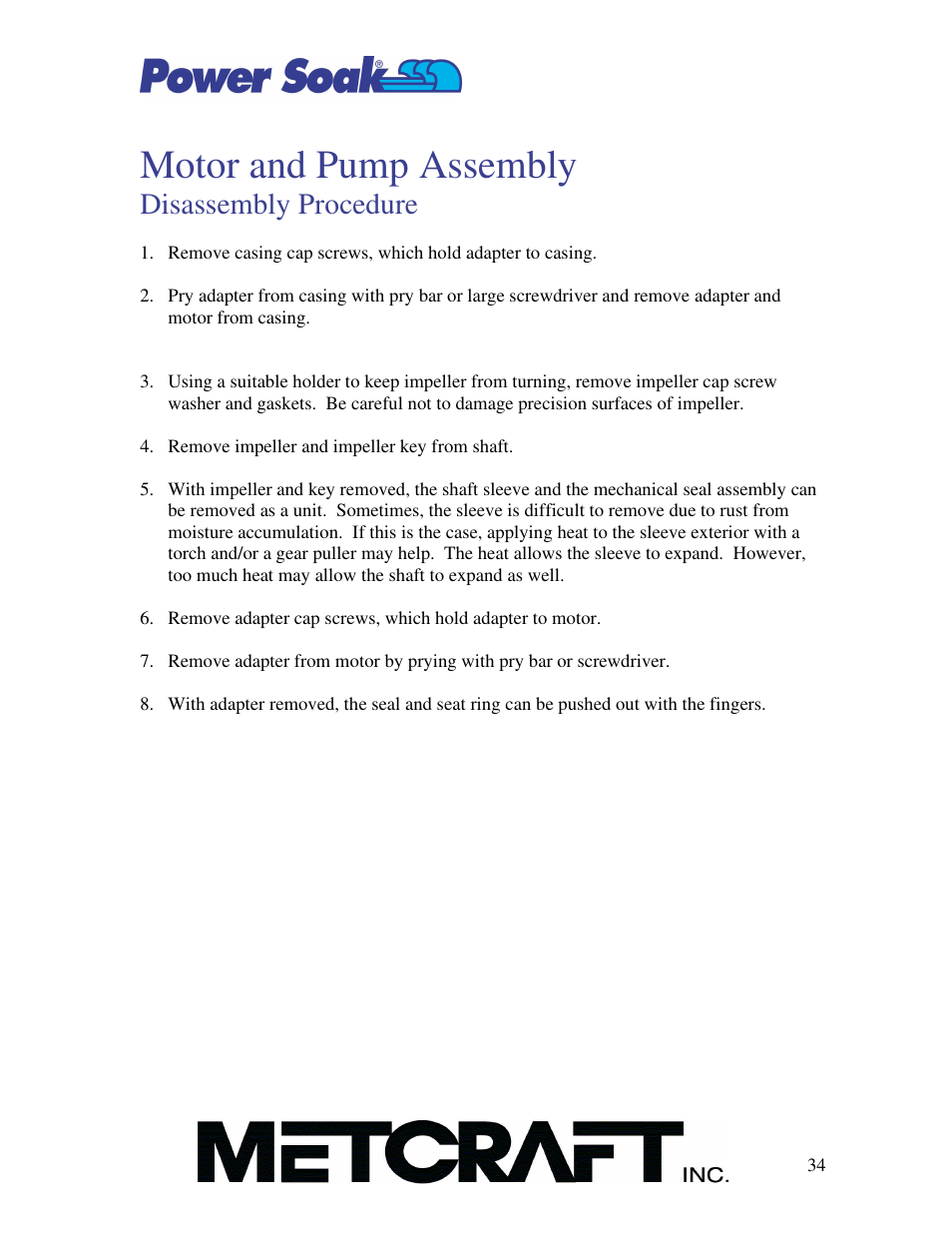 Motor and pump assembly, Disassembly procedure | Power Soak SI-100 Owner's Manual User Manual | Page 35 / 44