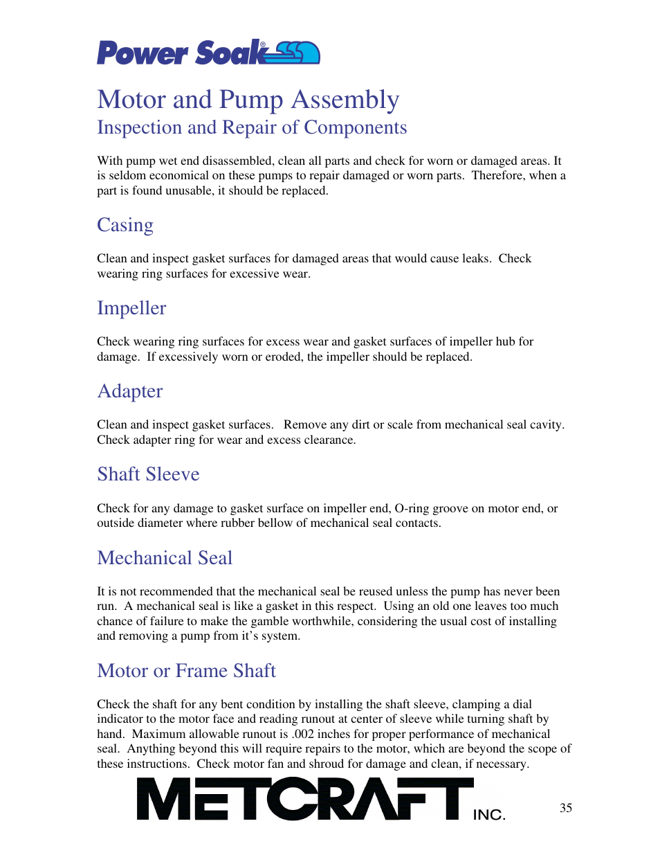 Motor and pump assembly, Inspection and repair of components, Casing | Impeller, Adapter, Shaft sleeve, Mechanical seal, Motor or frame shaft | Power Soak SI-100 Owner's Manual User Manual | Page 36 / 44
