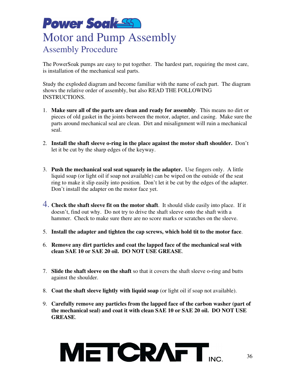 Motor and pump assembly, Assembly procedure | Power Soak SI-100 Owner's Manual User Manual | Page 37 / 44
