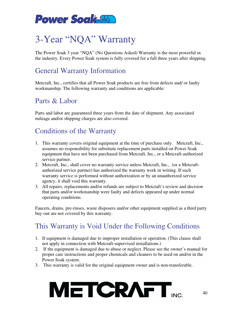 Year “nqa” warranty, General warranty information, Parts & labor | Conditions of the warranty | Power Soak SI-100 Owner's Manual User Manual | Page 41 / 44