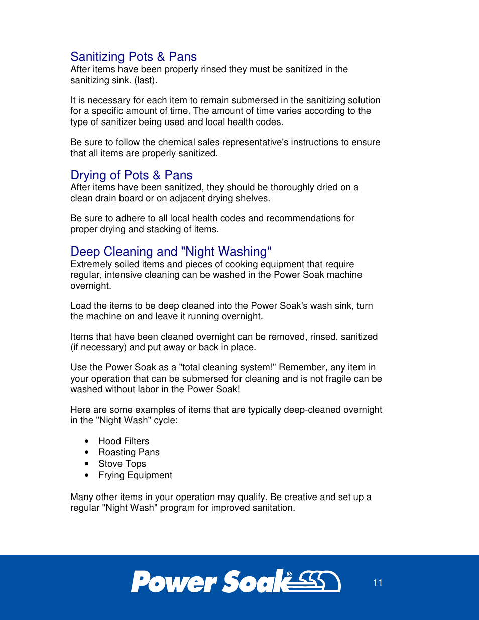 Sanitizing pots & pans, Drying of pots & pans, Deep cleaning and 