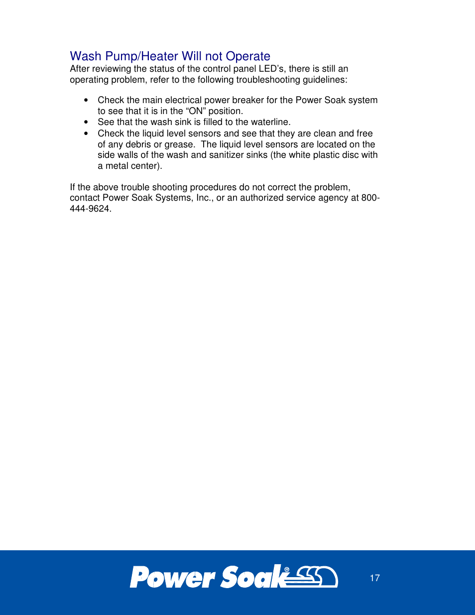 Wash pump/heater will not operate | Power Soak 37099 PS-201 Owner's Manual User Manual | Page 21 / 28