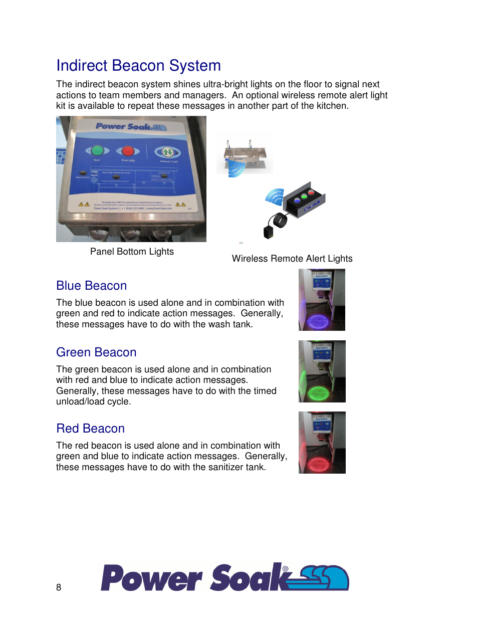 Indirect beacon system, Blue beacon, Green beacon | Red beacon | Power Soak 33755 PS-225 Owner's Manual User Manual | Page 12 / 36