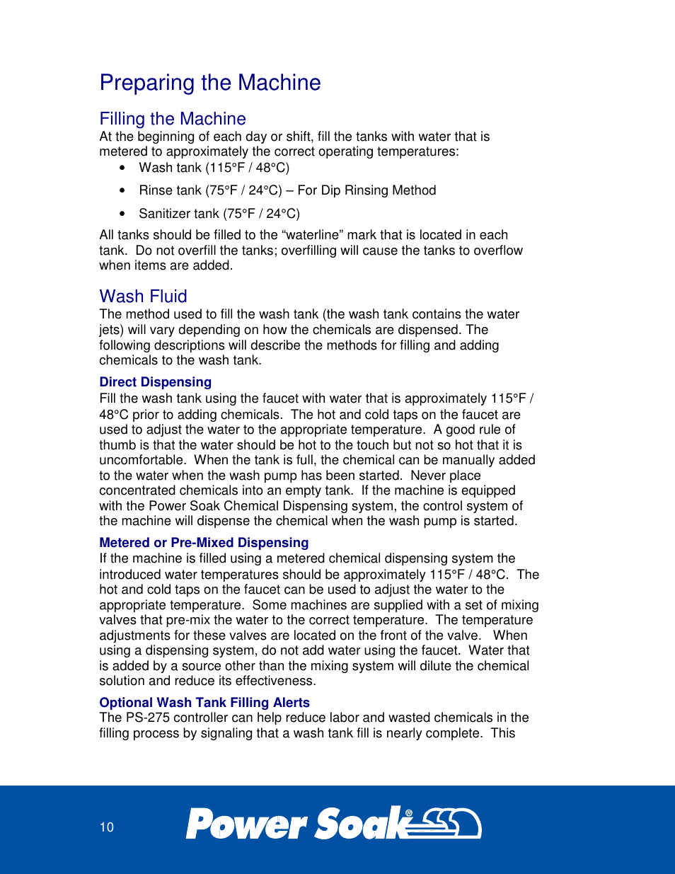 Preparing the machine, Filling the machine, Wash fluid | Power Soak 36212 PS-275 Owner's Manual User Manual | Page 14 / 36