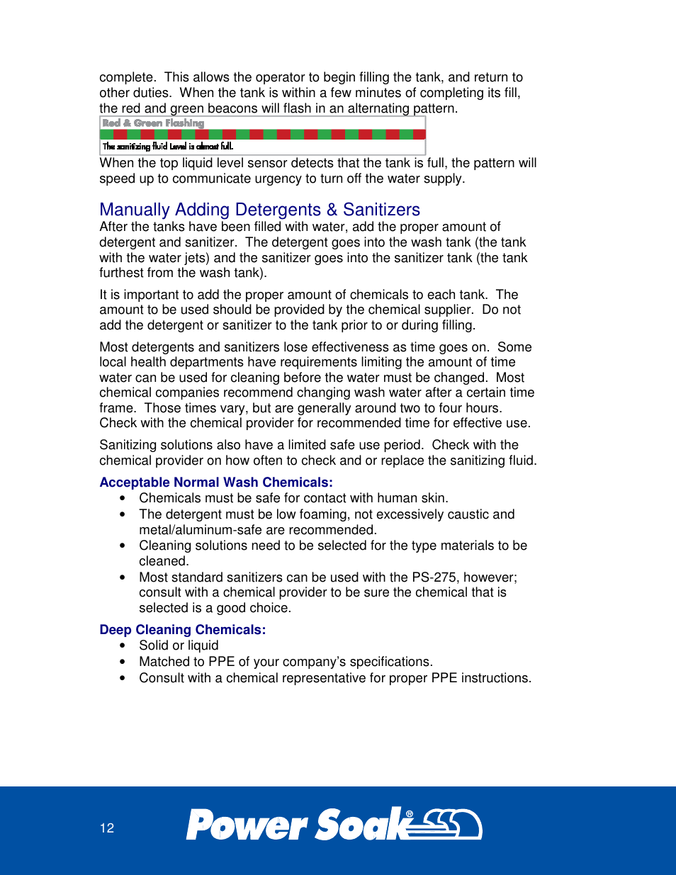 Manually adding detergents & sanitizers | Power Soak 36212 PS-275 Owner's Manual User Manual | Page 16 / 36