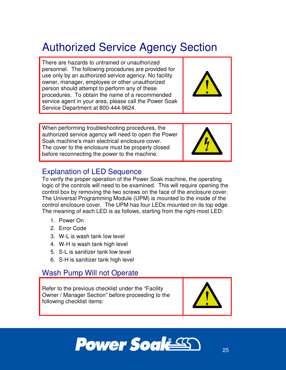 Explanation of led sequence, Wash pump will not operate | Power Soak 36212 PS-275 Owner's Manual User Manual | Page 29 / 36