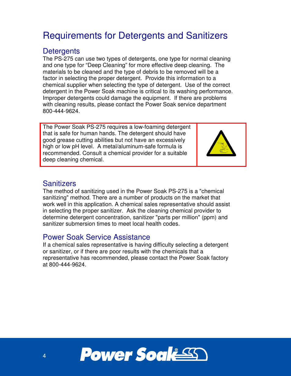 Requirements for detergents and sanitizers, Detergents, Sanitizers | Power soak service assistance | Power Soak 36212 PS-275 Owner's Manual User Manual | Page 8 / 36