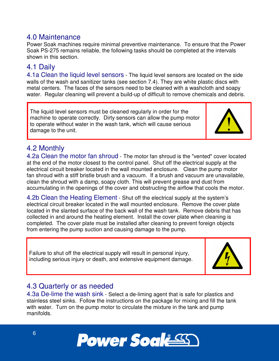 0 maintenance, 1 daily, 2 monthly | 3 quarterly or as needed | Power Soak 37179 PS-275 Service Manual User Manual | Page 12 / 60