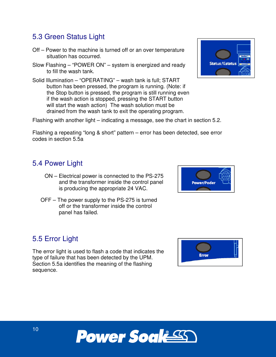 3 green status light, 4 power light, 5 error light | Power Soak 37179 PS-275 Service Manual User Manual | Page 16 / 60