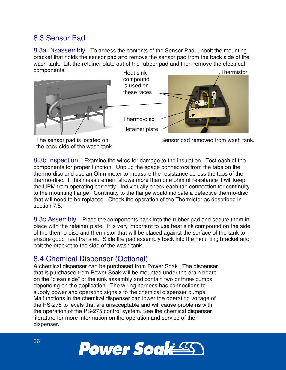 3 sensor pad, 4 chemical dispenser (optional) | Power Soak 37179 PS-275 Service Manual User Manual | Page 42 / 60