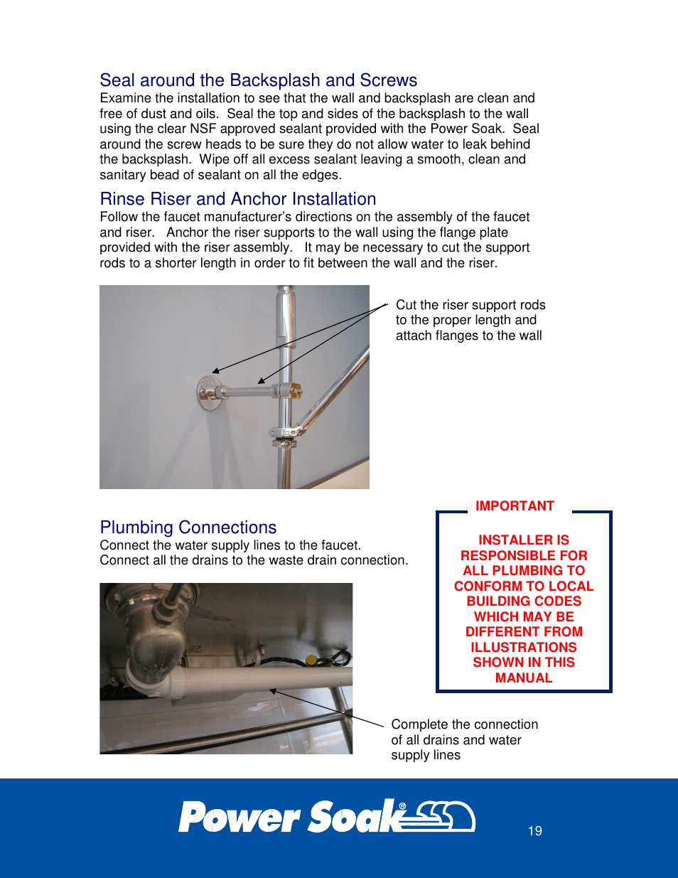 Seal around the backsplash and screws, Rinse riser and anchor installation, Plumbing connections | Power Soak 29222 INSTRUCTIONS INSTALLATION PS-200 User Manual | Page 23 / 28