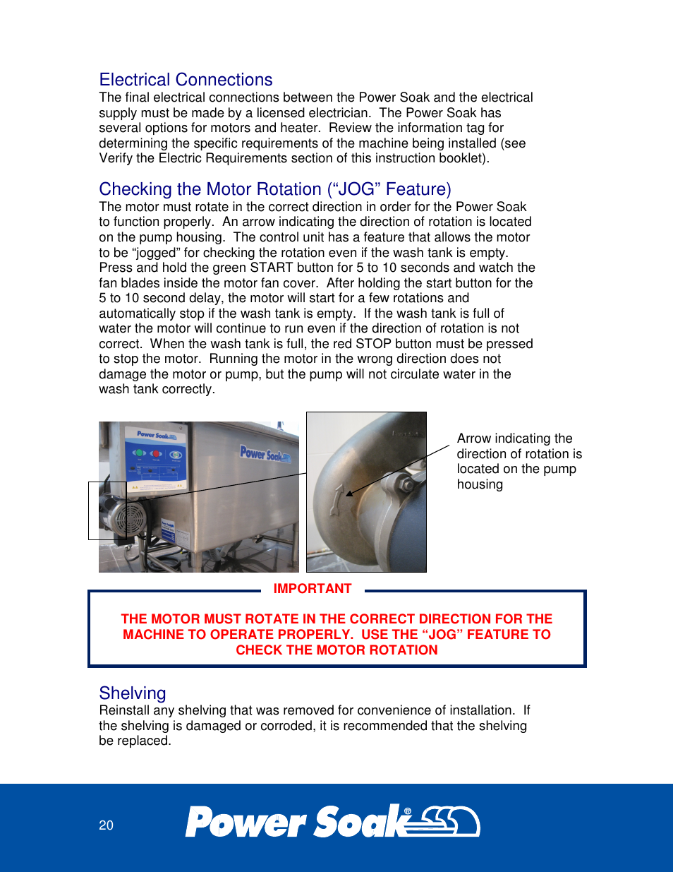 Electrical connections, Checking the motor rotation (“jog” feature), Shelving | Power Soak 29222 INSTRUCTIONS INSTALLATION PS-200 User Manual | Page 24 / 28