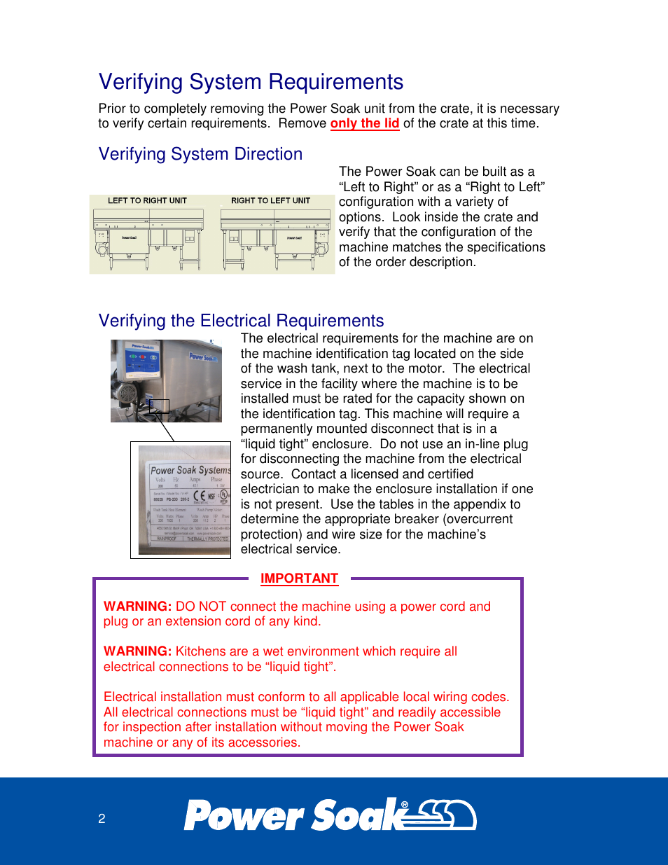 Verifying system requirements, Verifying system direction, Verifying the electrical requirements | Power Soak 29222 INSTRUCTIONS INSTALLATION PS-200 User Manual | Page 6 / 28