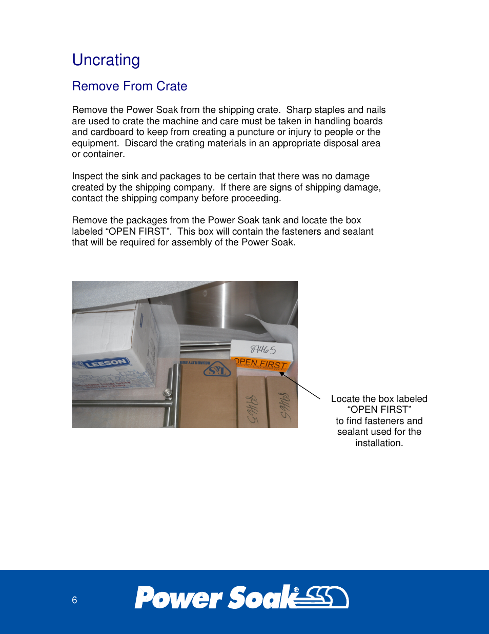 Uncrating, Remove from crate | Power Soak 34453 INSTRUCTIONS INSTALLATION PS-225 User Manual | Page 10 / 28