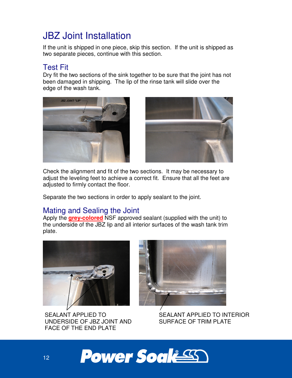Jbz joint installation, Test fit, Mating and sealing the joint | Power Soak 34453 INSTRUCTIONS INSTALLATION PS-225 User Manual | Page 16 / 28