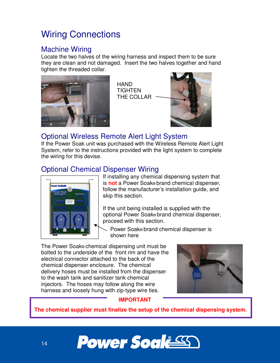 Wiring connections, Machine wiring, Optional wireless remote alert light system | Optional chemical dispenser wiring | Power Soak 34453 INSTRUCTIONS INSTALLATION PS-225 User Manual | Page 18 / 28