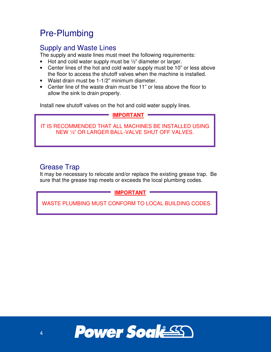 Pre-plumbing, Supply and waste lines, Grease trap | Power Soak 34453 INSTRUCTIONS INSTALLATION PS-225 User Manual | Page 8 / 28