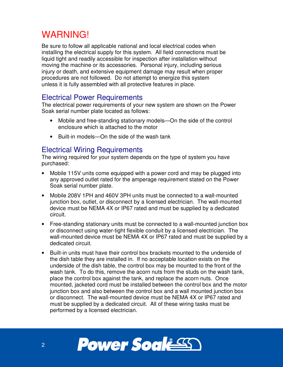 Warning, Electrical power requirements, Electrical wiring requirements | Power Soak 33639 SILVERWARE PRE-WASHING SYSTEM INSTALLATION MANUAL User Manual | Page 2 / 8
