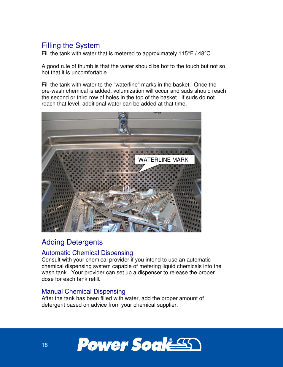 Filling the system, Adding detergents | Power Soak 33638 SILVERWARE WASHER OWNER'S MANUAL User Manual | Page 18 / 32