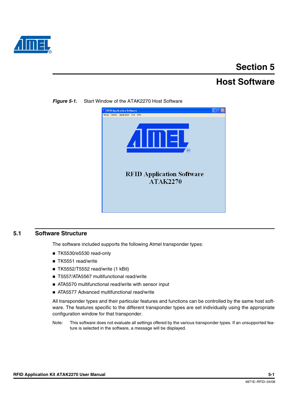 Host software, 1 software structure, Section 5 | Host software -1 | Atmel ATAK2270 User Manual | Page 14 / 39