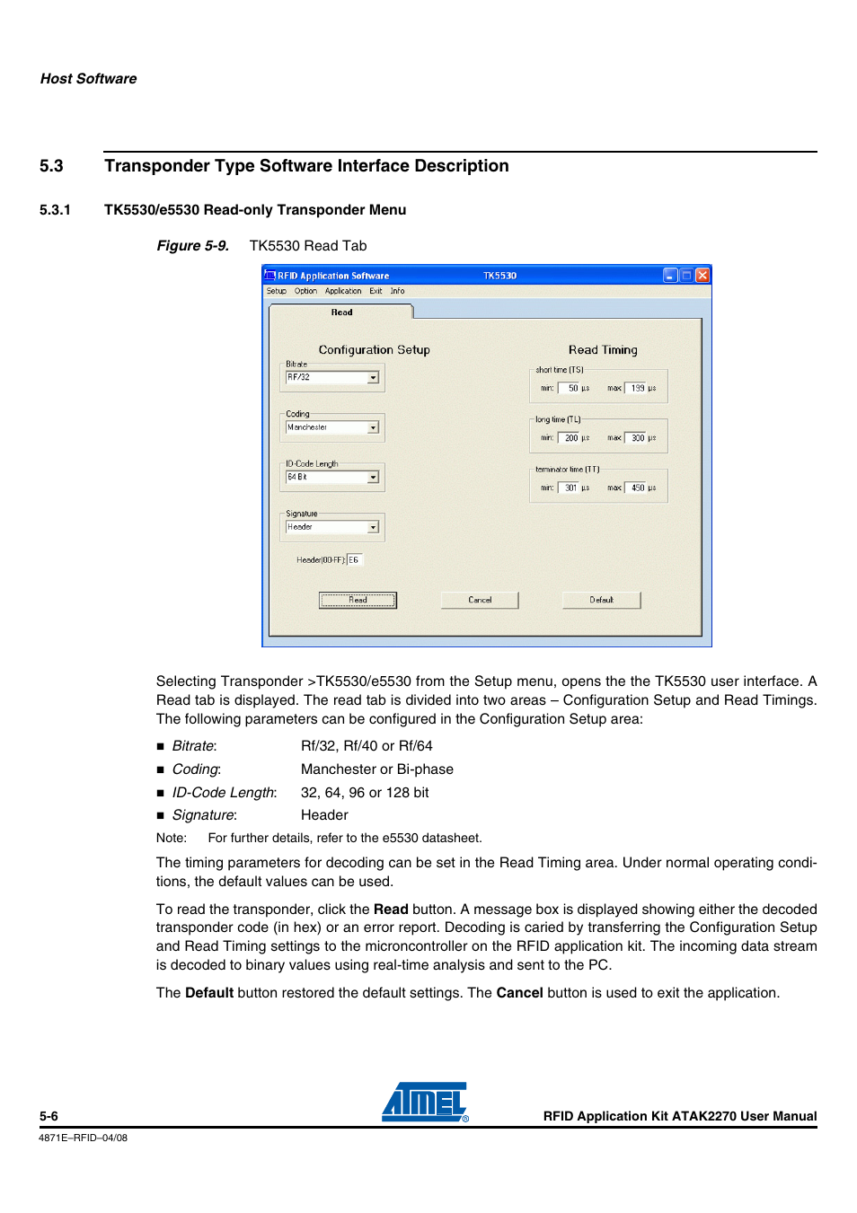 3 transponder type software interface description, 1 tk5530/e5530 read-only transponder menu, Transponder type software interface description -6 | Tk5530/e5530 read-only transponder menu -6 | Atmel ATAK2270 User Manual | Page 19 / 39