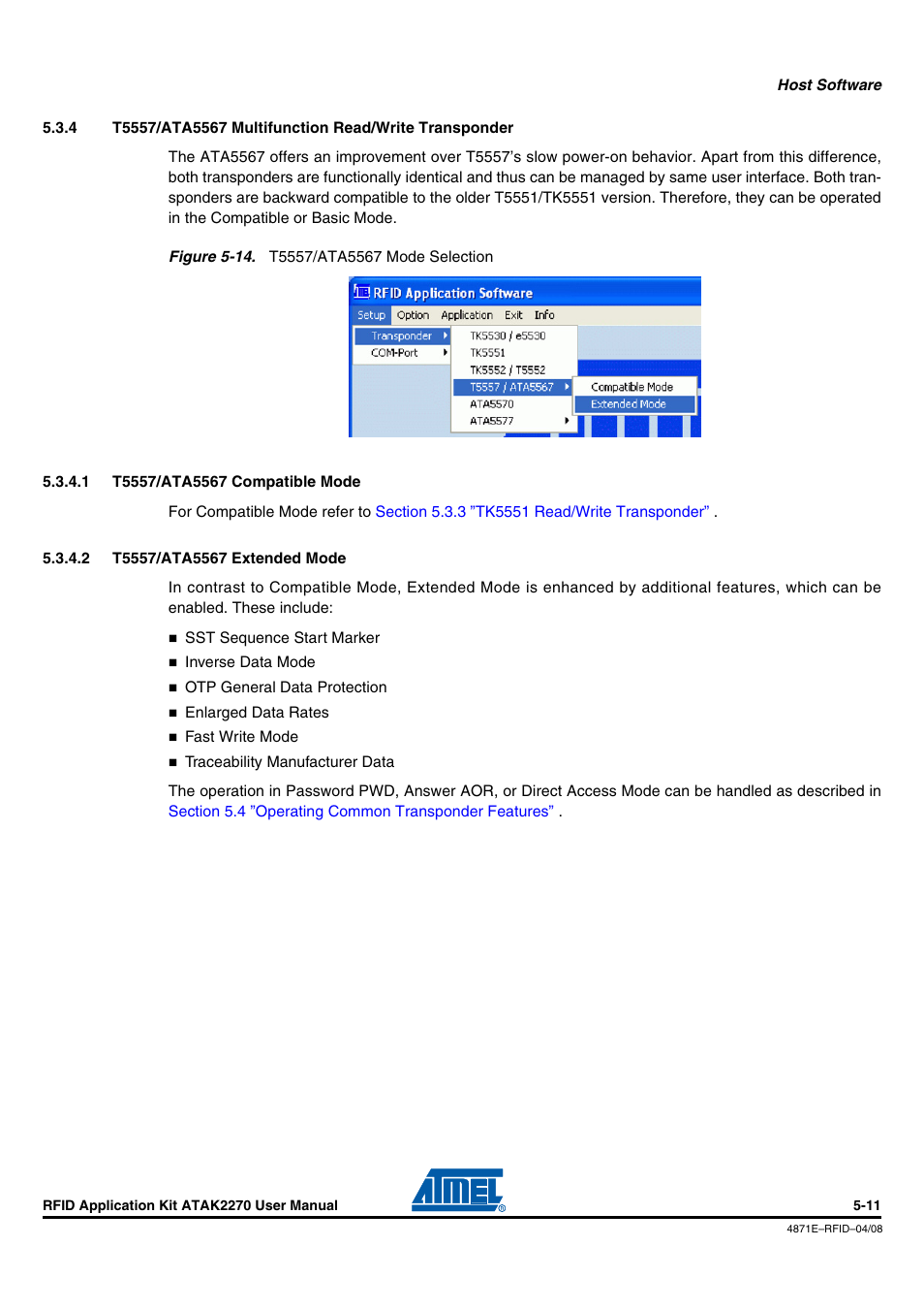 1 t5557/ata5567 compatible mode, 2 t5557/ata5567 extended mode | Atmel ATAK2270 User Manual | Page 24 / 39