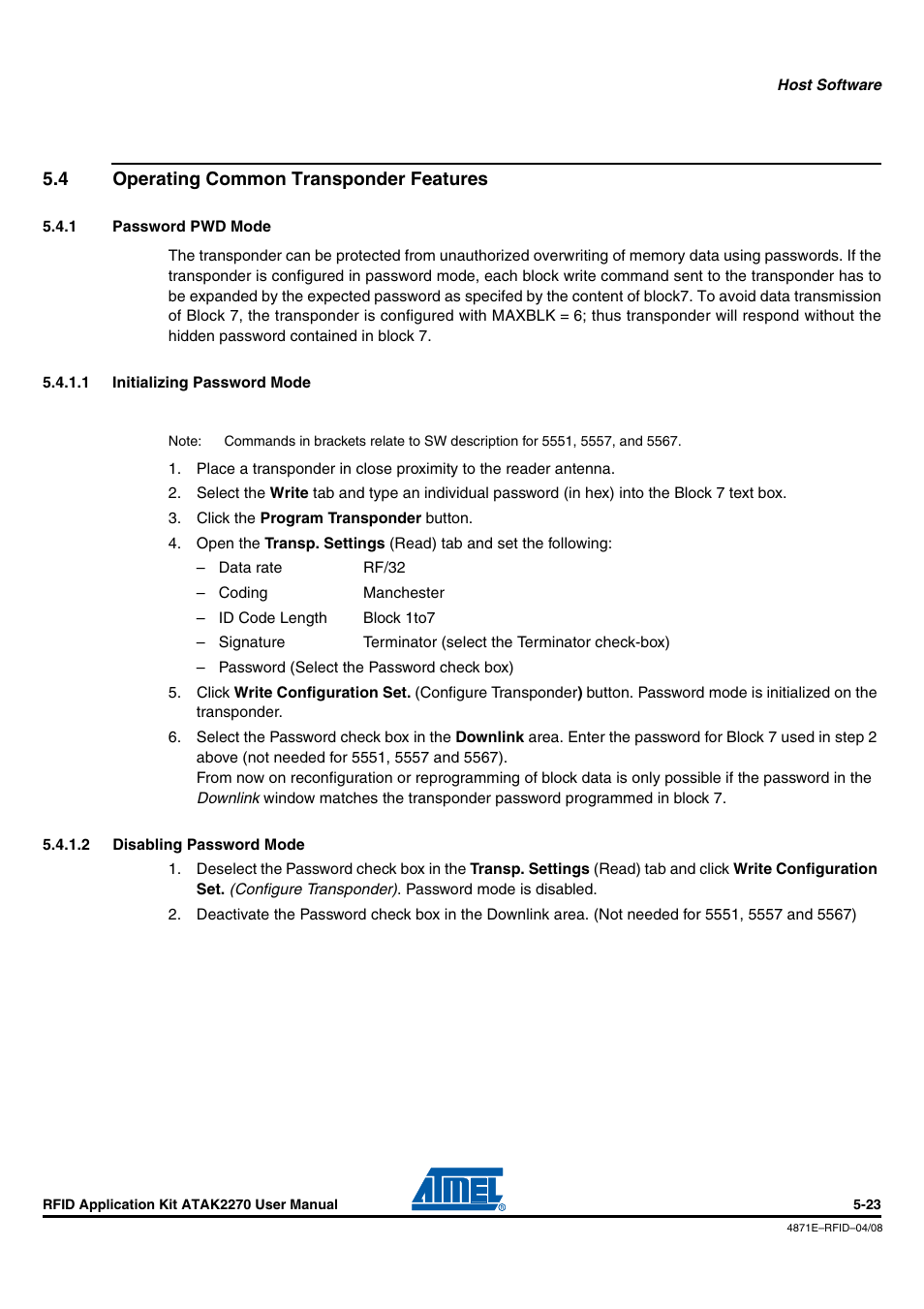 4 operating common transponder features, 1 password pwd mode, 1 initializing password mode | 2 disabling password mode, Operating common transponder features -23, Password pwd mode -23, Section 5.4 ”operating common transponder features, Section 5.4.1 ”password pwd mode, Section 5.4 ”oper, Ating common transponder features | Atmel ATAK2270 User Manual | Page 36 / 39