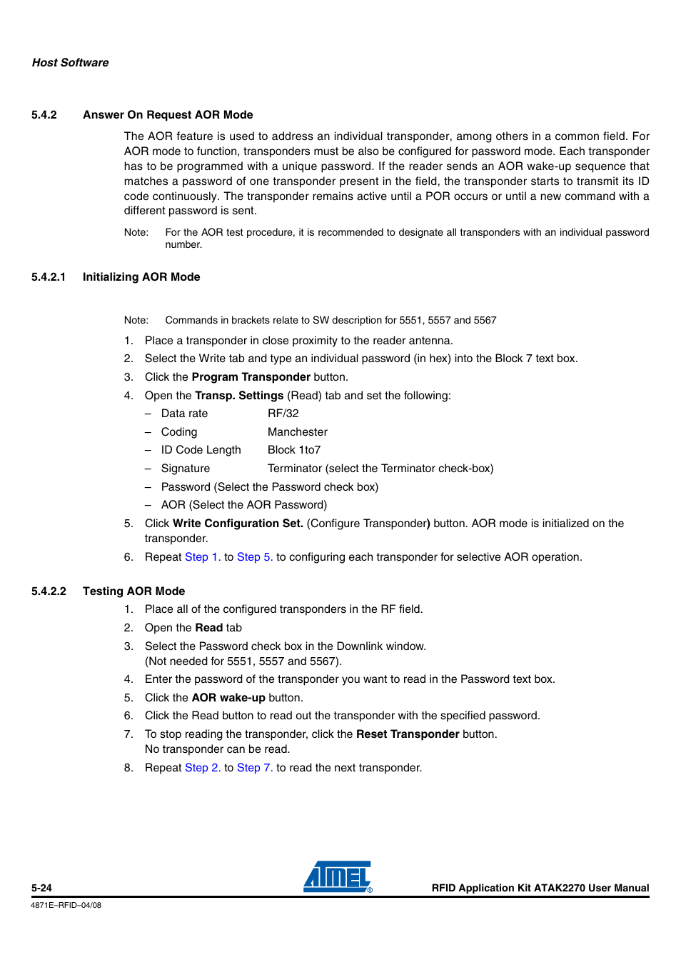 2 answer on request aor mode, 1 initializing aor mode, 2 testing aor mode | Answer on request aor mode -24, Section 5.4.2 ”answer on request aor mode, Section 5.4.2, Answer on request aor mode | Atmel ATAK2270 User Manual | Page 37 / 39