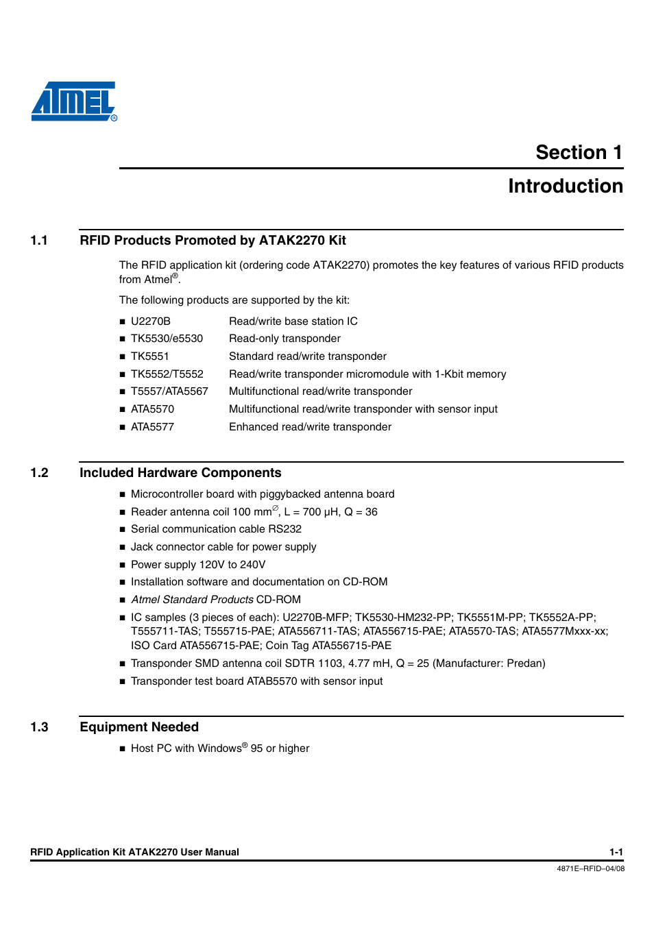 Introduction, 1 rfid products promoted by atak2270 kit, 2 included hardware components | 3 equipment needed, Section 1, Introduction -1, Rfid products promoted by atak2270 kit -1 | Atmel ATAK2270 User Manual | Page 4 / 39