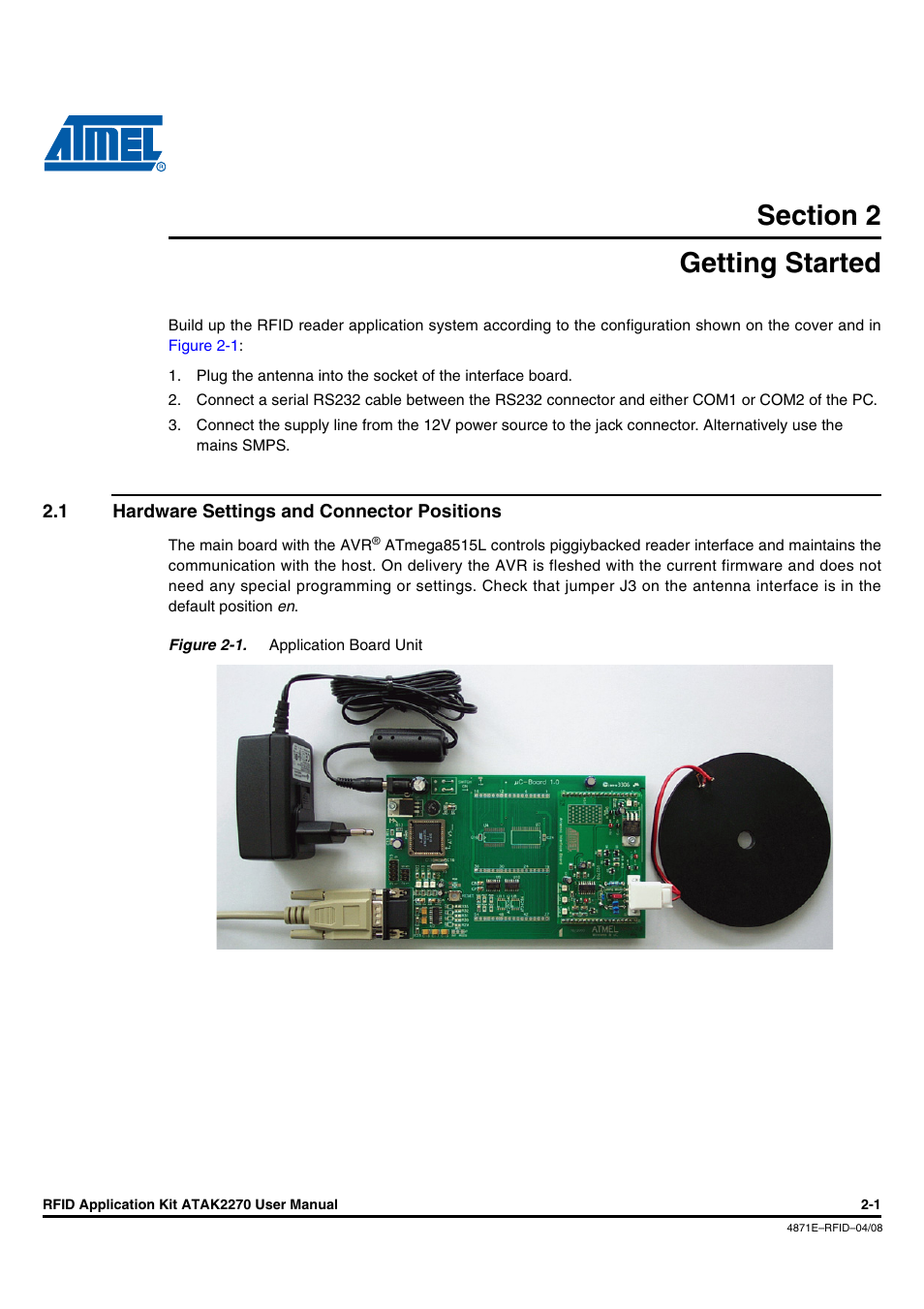 Getting started, 1 hardware settings and connector positions, Section 2 | Getting started -1 | Atmel ATAK2270 User Manual | Page 5 / 39
