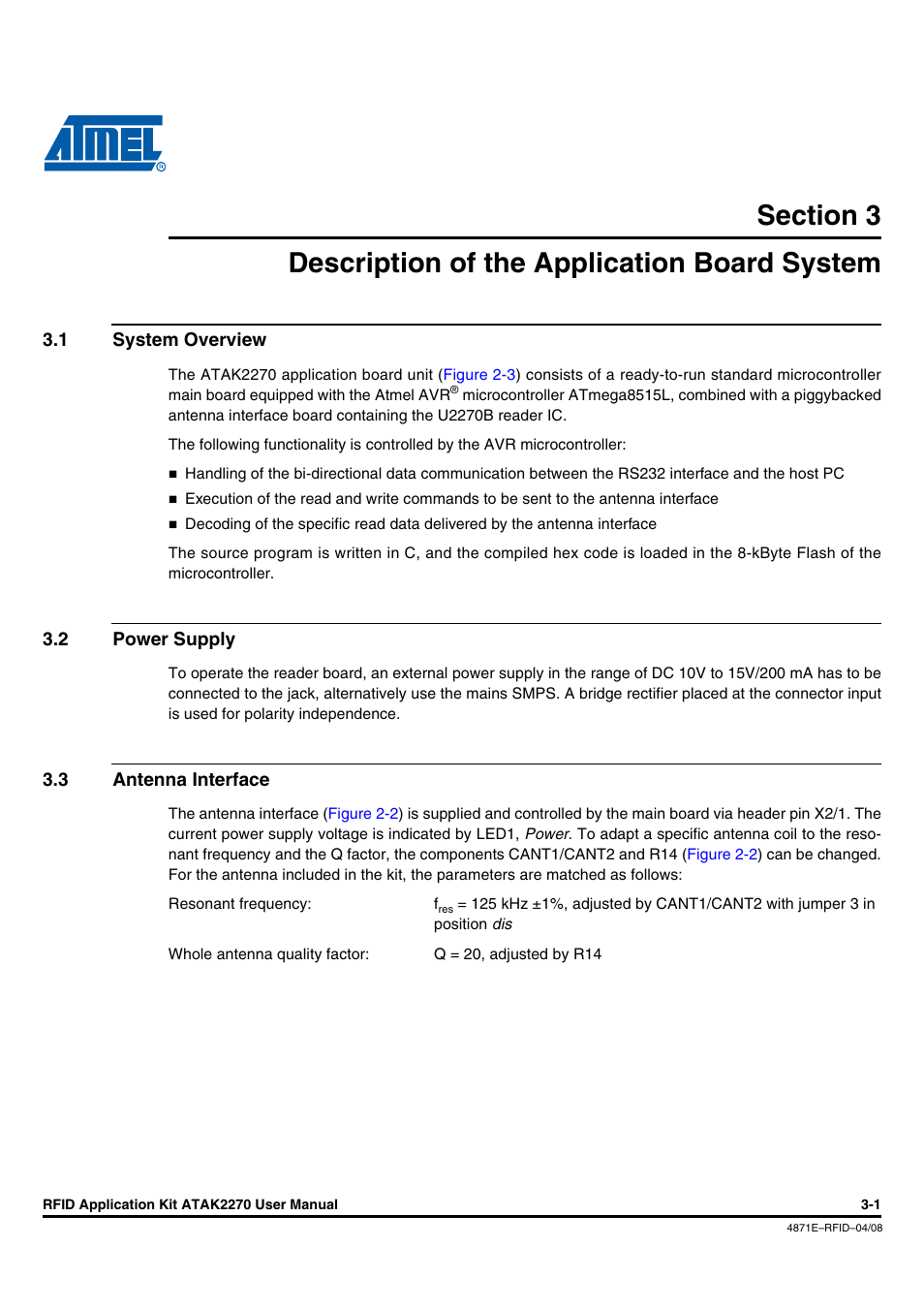 Description of the application board system, 1 system overview, 2 power supply | 3 antenna interface, Section 3, Description of the application board system -1, System overview -1, Power supply -1, Antenna interface -1 | Atmel ATAK2270 User Manual | Page 8 / 39