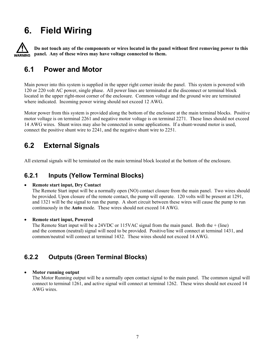 Field wiring, Power and motor, External signals | Inputs (yellow terminal blocks), Outputs (green terminal blocks), Ield, Iring, 1 power and motor, 2 external signals | Pulsafeeder Pulsa Series Cruise Control User Manual | Page 11 / 24