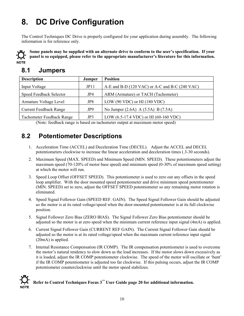 Dc drive configuration, Jumpers, Potentiometer descriptions | Dc d, Rive, Onfiguration, 1 jumpers, 2 potentiometer descriptions | Pulsafeeder Pulsa Series Cruise Control User Manual | Page 14 / 24