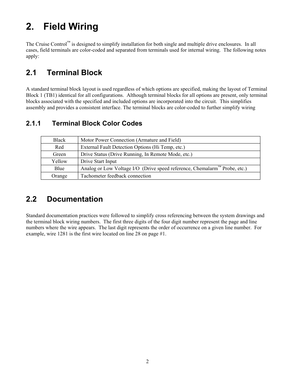 Field wiring, Terminal block, Terminal block color codes | Documentation, Ield, Iring, 1 terminal block, 2 documentation | Pulsafeeder Pulsa Series Cruise Control User Manual | Page 6 / 24